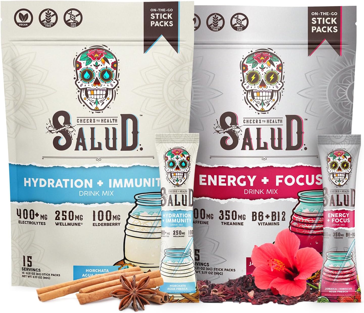 Salud 2-Pack | 2-in-1 Hydration + Immunity (Horchata) & Energy + Focus (Hibiscus) – 15 Servings Each, Agua Fresca Drink Mix, Non-GMO, Gluten Free, Vegan, Low Calorie, 1g of Sugar