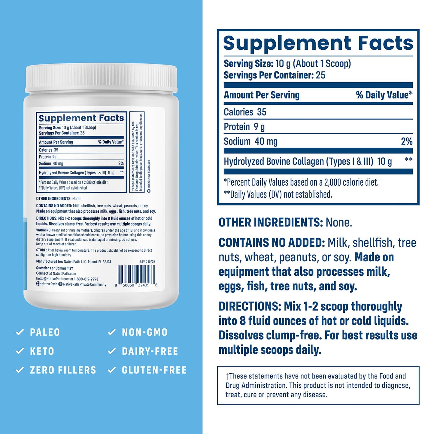 NativePath Collagen Peptides, Grass-Fed Type 1 & 3, 45 Servings | 10g Hydrolyzed Per Scoop, Supports Hair, Skin, Nails & Joints, Unflavored, Women & Men, Keto & Paleo