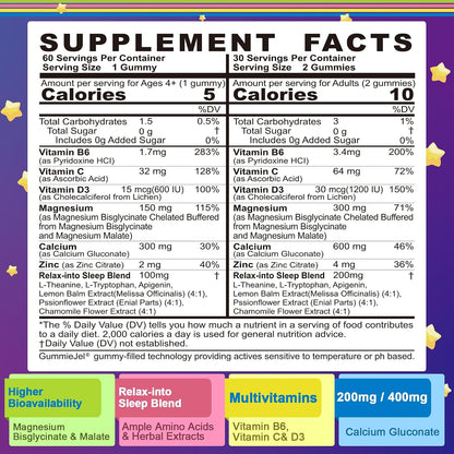 Neviss Magnesium Glycinate + Calcium Filled Gummies for Adults and Kids 4+, Kids Sleep Gummies Melatonin Free, Sugar Free Magnesium Supplement with B6 D3, L-Theanine for Zzz & Relax, Brain,Bone,Muscle