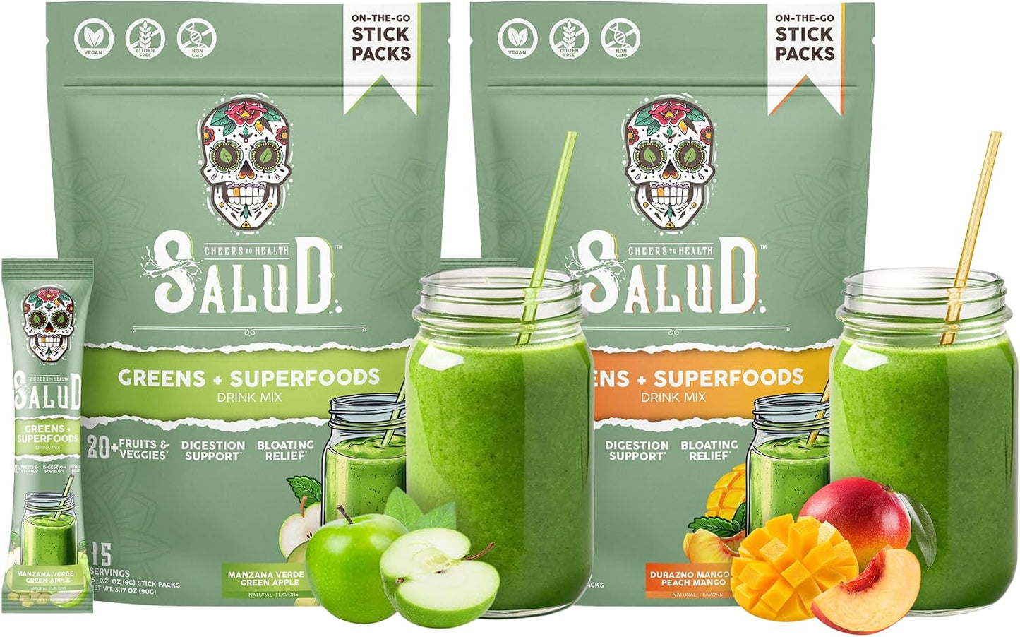 Salud 2-Pack | 2-in-1 Greens Powder + Superfood Drink Mix Packets, Green Apple & Peach Mango, 15 Servings Each, 20+ Fruits and Veggies, Supports Digestive Health, Bloating Relief