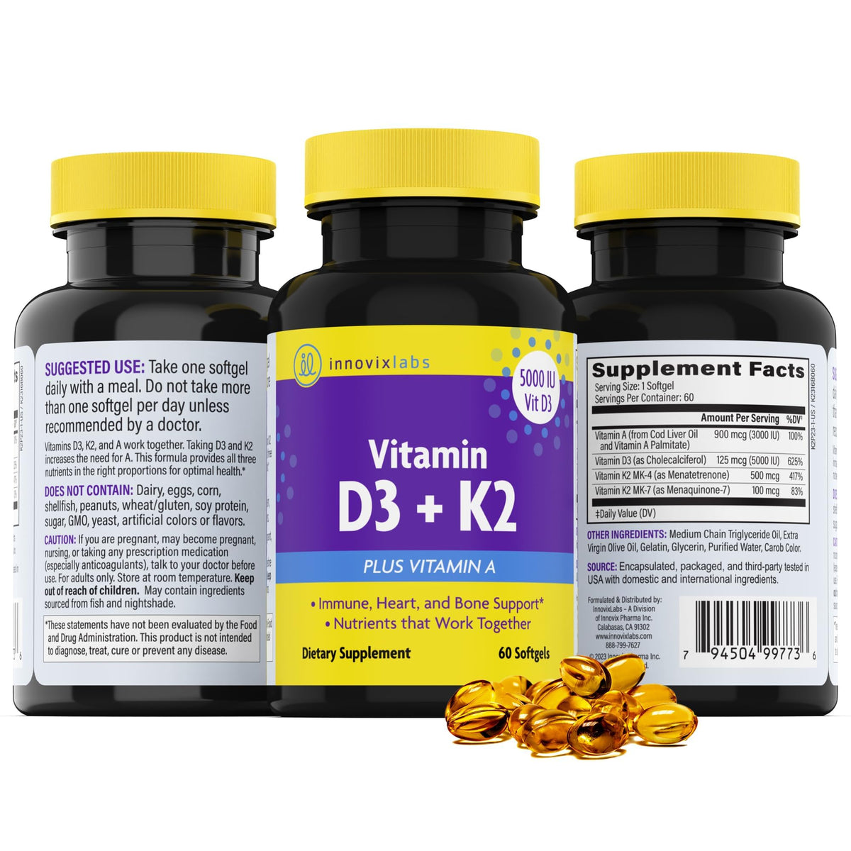 InnovixLabs Vitamin D3 K2-5000 IU Vitamin D3 Plus 600 mcg Vitamin K2 MK4 and MK7 for Max Calcium Absorption, Supports Bone, Immune, Heart Health, 3rd Party Tested, Gluten Free, 60 Softgels