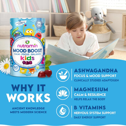 Nutracelle NUTRAMIN Kids Mood Boost Vegan Vitamin Gummy: Magnesium Citrate Supplement for Children with Ashwagandha & Vitamin B Complex to Relax & Focus - Sugar-Free, Wild Berry - 60ct (60 Count)
