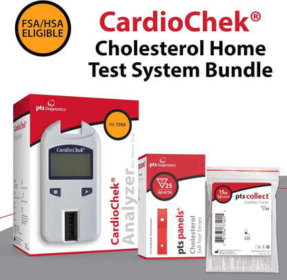CardioChek Cholesterol Home Test System Bundle, Fast 45-Second Testing | CardioChek At-Home Analyzer, PTS Panels Cholesterol At-Home Self-Test Strips (25 Tests), Capillary Tubes (25 Count)