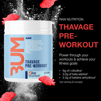 RAW Pre Workout Powder, Thavage (Beach Bum) - Chris Bumstead Sports Nutrition Supplement for Men & Women - Cbum Pre Workout for Working Out, Hydration, Mental Focus & Energy - 40 Servings