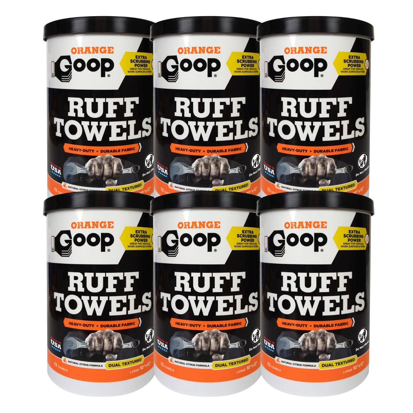 GOOP Orange Heavy Duty Ruff Towels with Scrubbing Power, 10” x 12” Dual Textured Multi-Purpose Cleaning Wipes, Removes Dirt, Grease, Oil, 72 Count
