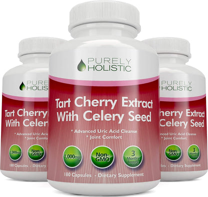 Tart Cherry Capsules with Celery Seed, Uric Acid Support, 3 Month Supply | Premium Montmorency Tart Cherry Extract Capsules, Antioxidant Support for Recovery & Comfort, Non-GMO & Vegetarian, 180 Ct