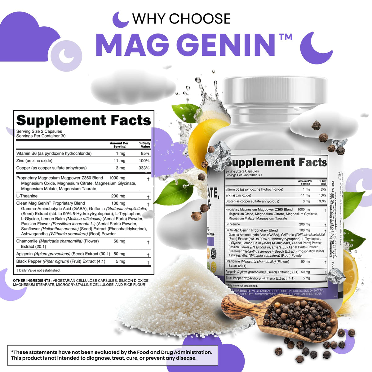 Clean Nutraceuticals Magnesium Glycinate Complex 1000mg with L-Theanine 200mg Apigenin 50mg Citrate Taurate Supplement - 5-HTP GABA Passion Flower Lemon Balm L-Glycine Phosphatidylserine - 60 Count Clean NutraceuticalsBuy Supplements Australia
