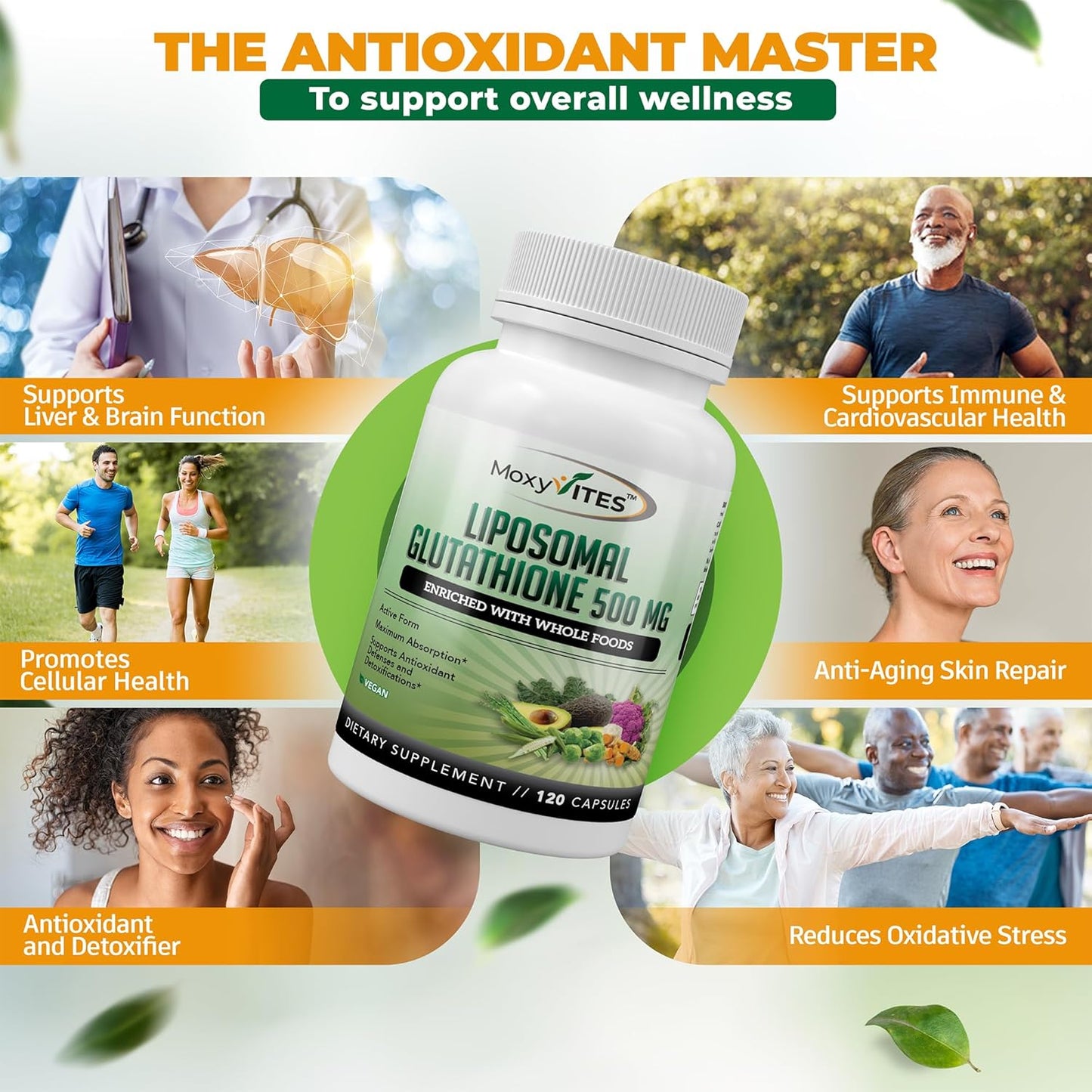 Liposomal Glutathione Supplement 500mg - Pure L Glutathione (GSH) Reduced - Active Form, Made with Organic Whole Food, Non GMO Phospholipid Complex - Antioxidant - 120 Count