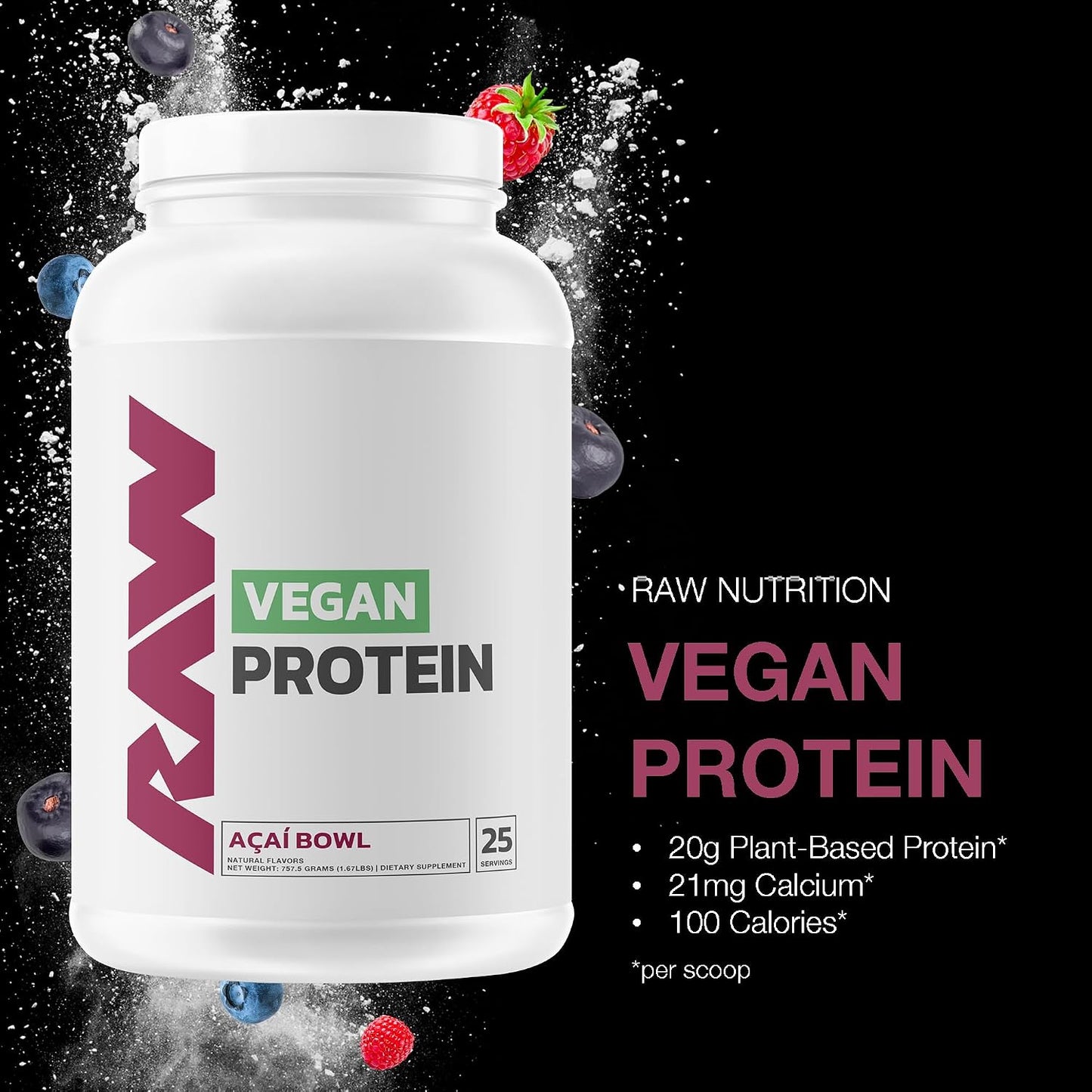 RAW Vegan Protein Powder, Acai Bowl - 20g of Plant-Based Protein Powder & Fortified with Vitamins for Muscle Growth & Recovery - Low-Fat, Low Carb, Naturally Flavored & Sweetened - 25 Servings