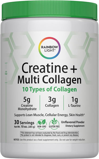 Rainbow Light Creatine + Multi Collagen | 10 Ounce | 5g Creatine Monohydrate Plus 10 Types of Collagen | Supports Lean Muscle, Cellular Energy & Skin Health | Unflavored Powder