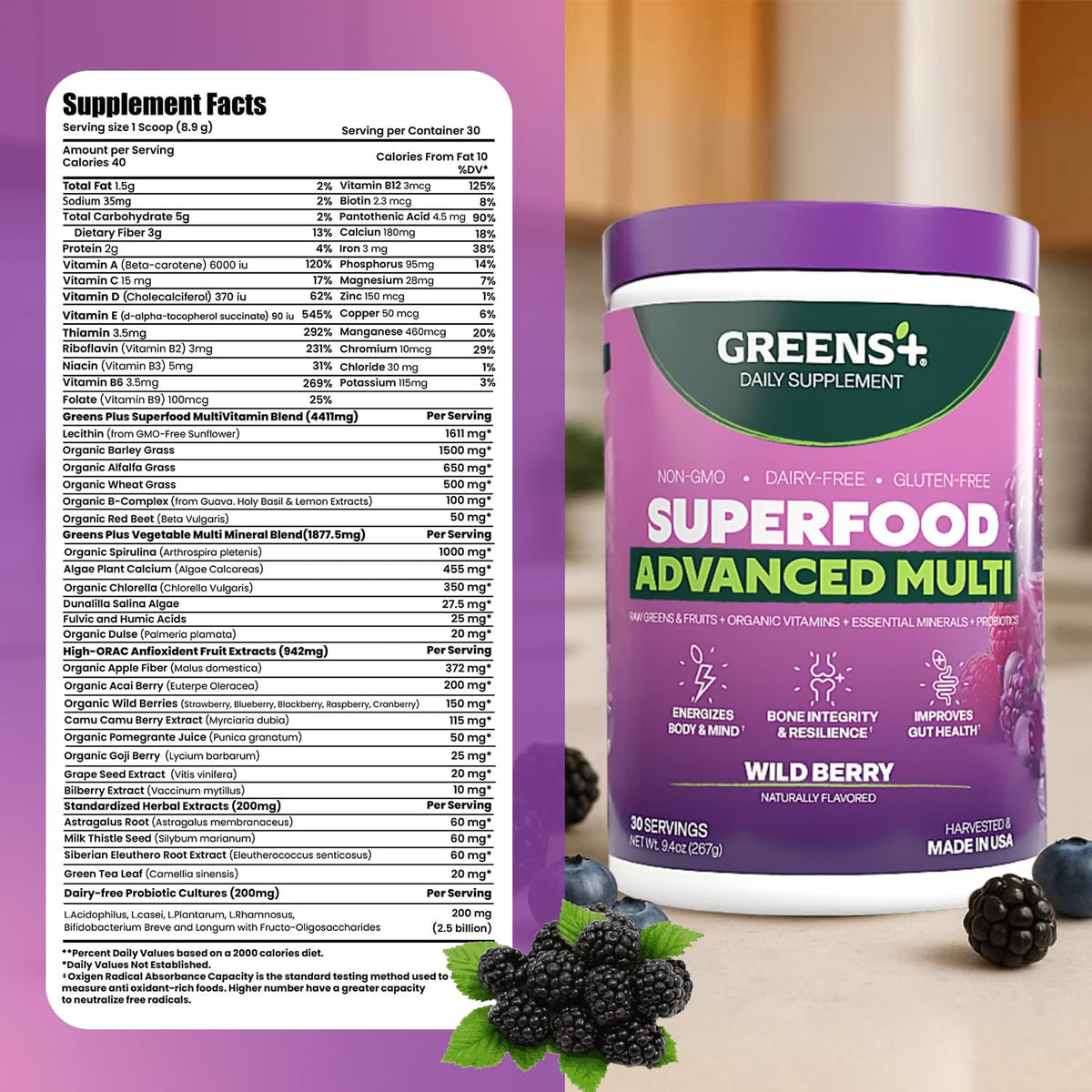 Greens+ Advanced Multi Wild Berry Superfood Powder, Organic Blend, Vegan, Non-GMO, Soy-Free, Dairy-Free, Gluten-Free, Dietary Supplement with Vitamins & Minerals, 9.4 oz Greens+ buy supplements Au