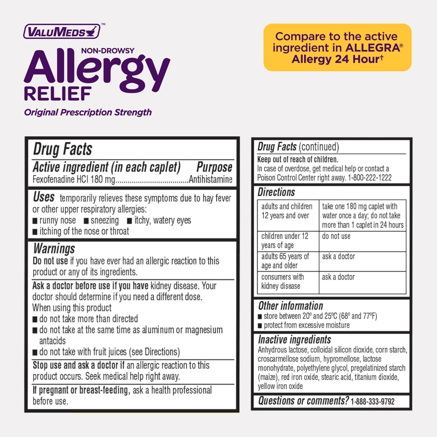 ValuMeds | Compare to Allegra | Fexofenadine HCl 180mg | 24-Hour Allergy Relief, Non-Drowsy Antihistamine Generic Medicine for Allergies, Hay Fever, Itchy Eyes | for Kids & Adults (100 Count) ValuMeds buy supplements Au