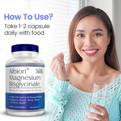 MilaMiAmor Albion® Magnesium Bisglycinate – Highly Absorbable Chelated Magnesium for Muscle, Nerve, Relaxation & Sleep Support – Gentle on Stomach, Vegan – 200mg per Serving, 60 Capsules