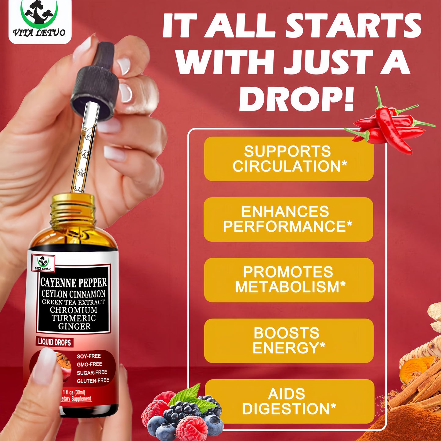 Cayenne Pepper Drops, High Absorption 6-in-1 Liquid Cayenne Pepper Supplement w/Ceylon Cinnamon, Green Tea Extract, Turmeric, Organic Liquid Drops Than Cayenne Capsules Powder Vita letuo buy supplements Au