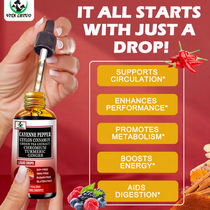 Cayenne Pepper Drops, High Absorption 6-in-1 Liquid Cayenne Pepper Supplement w/Ceylon Cinnamon, Green Tea Extract, Turmeric, Organic Liquid Drops Than Cayenne Capsules Powder Vita letuo buy supplements Au