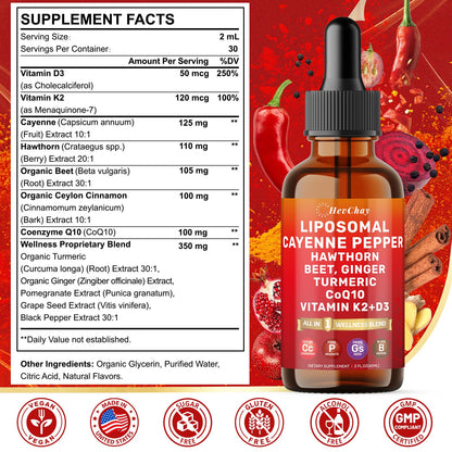 Cayenne Pepper Drops Liposomal Supplement Liquid + Hawthorn Berry, Vitamin D3 K2 Beet Root Powder, Ceylon Cinnamon, CoQ10, Turmeric Curcumin, Cayenne Pepper Extract - 2oz HevChay buy supplements Au