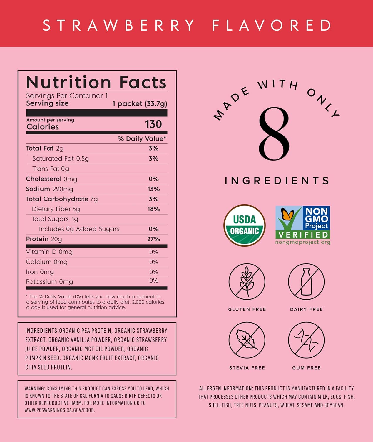 Truvani Organic Plant Based Protein Powder | Strawberry | 10 Servings | Vegan | 20g Pea Protein | Single Serving Travel Packets | Keto | Gluten & Dairy Free | Low Carb