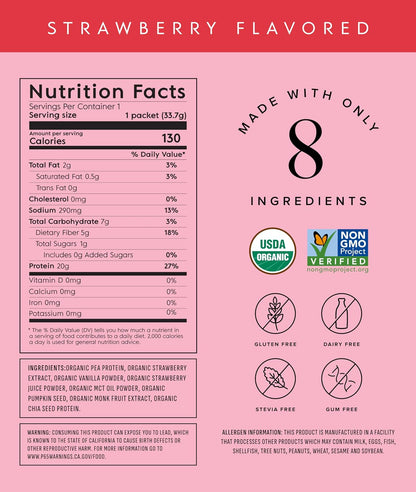 Truvani Organic Plant Based Protein Powder | Strawberry | 10 Servings | Vegan | 20g Pea Protein | Single Serving Travel Packets | Keto | Gluten & Dairy Free | Low Carb