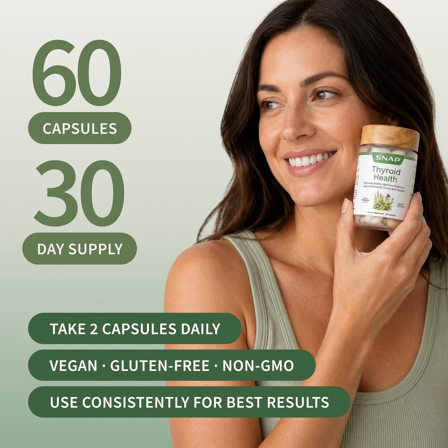 Snap Supplements Thyroid Health, Selenium, Zinc, L-Tyrosine, 60 Capsules | Thyroid Support Supplement for Women & Men, Botanicals for Metabolism, Energy & Endocrine Balance, Iodine-Free, Vegan