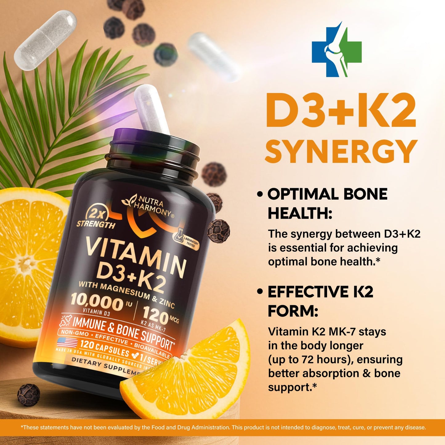 Vitamin D3 K2 - Vitamin D3 10000 iu & K2 as MK-7 120 mcg - Immune & Mood Support, for Bone & Teeth Health - with Magnesium, Zinc & Vitamin C & B12 - Highly Bioavailable