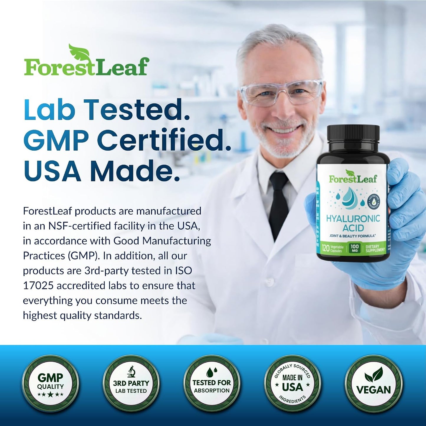 ForestLeaf Hyaluronic Acid Supplements | 100mg High Bioavailable Dietary Hyaluronic Acid Powder Capsules + 50mg VIT C | Supports Skin Hydration, Joint Lubrication, Anti-Aging, Hair & Nails | 120 Caps