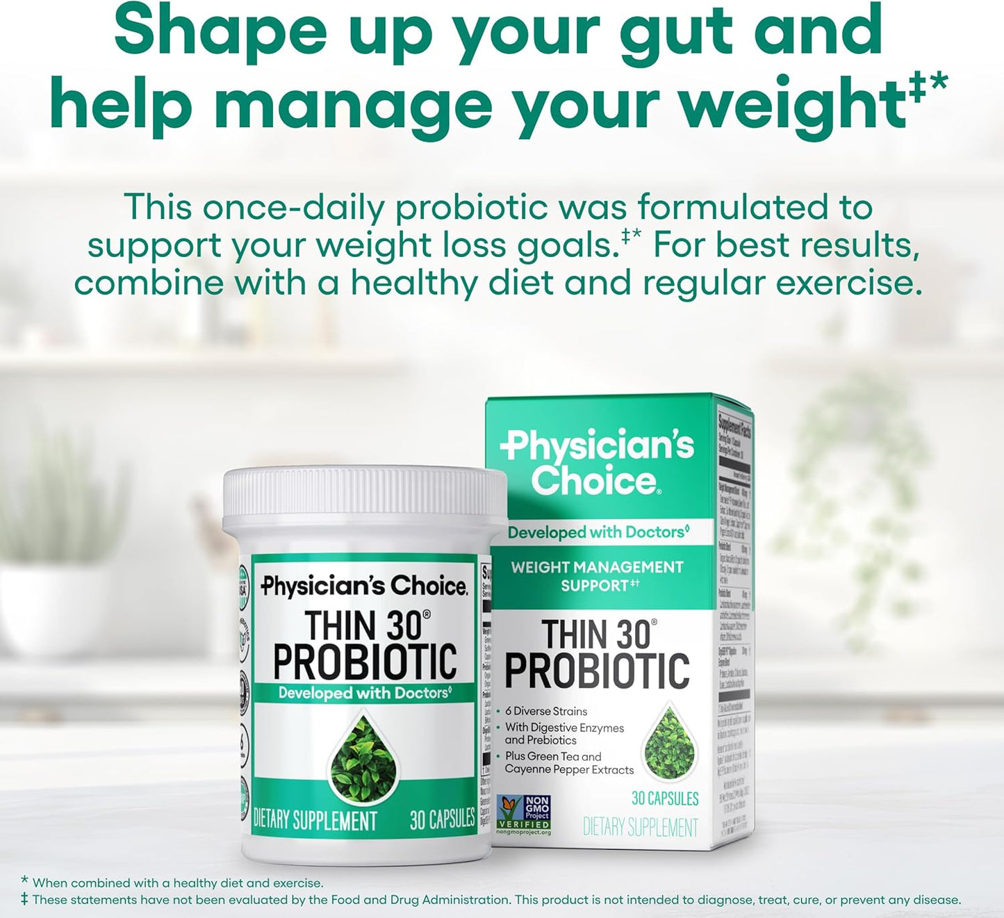 Physician's CHOICE Probiotics for Weight Management & Bloating, 30ct | 6 Probiotic Strains, Prebiotics, Cayenne, & Green Tea for Gut Health, Bloating Relief, & Weight Management for Women & Men