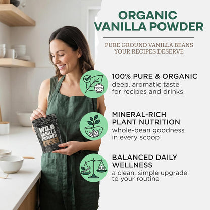 Wild Foods Organic Vanilla Bean Powder - All Natural Pure Vanilla from Madagascar - For Baking Cooking Coffee Flavoring & Smoothies - Unsweetened Gluten Free Non GMO Superfood (1 ounce)