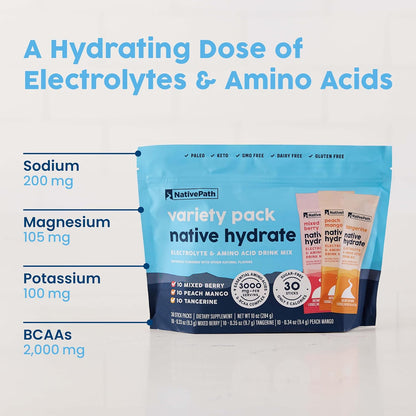 NativePath Hydrate Electrolyte Stick Packs Variety Pack, 30 Count | Mixed Berry, Peach Mango & Tangerine Sticks, 14 Vitamins, 9 Aminos & 2000mg BCAAs, Zero Sugar, Keto