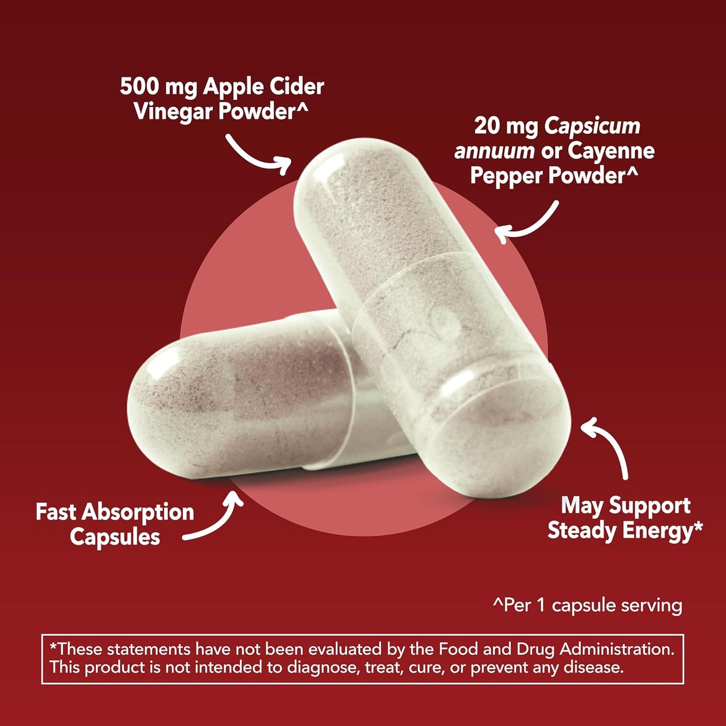 Apple Cider Vinegar Capsules with Cayenne Pepper, 60 Count, 2-Month Supply | 500mg ACV Per Serving for Appetite, Cravings, and Bloating Relief, Vegan, Non-GMO, Easy-to-Take Capsules, 60-Day Supply