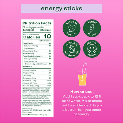 Bloom Nutrition Energy Drink Powder Packets, Strawberry Watermelon, 10 Ct | Sugar Free Drink Mix with L-Theanine, B Vitamins & Natural Caffeine, On the Go Powder Sticks for Natural Energy, 10 Calories