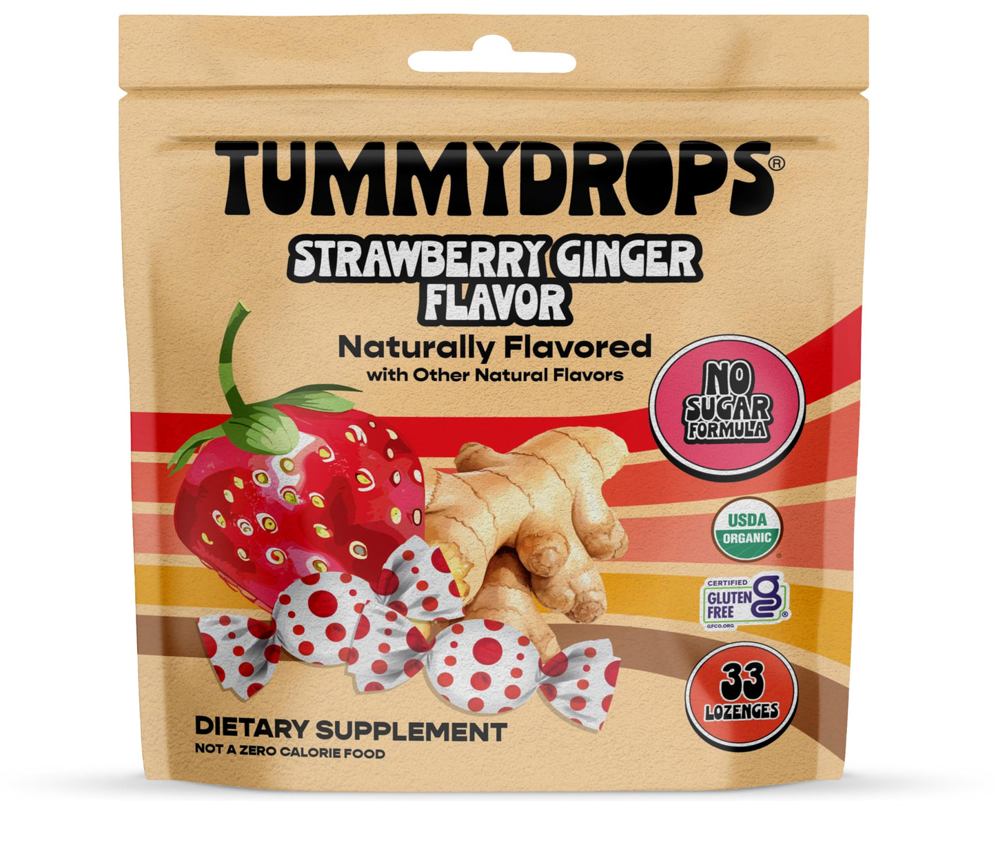 Tummydrops, No Sugar Strawberry Ginger Flavor, Gluten Free & Vegan, 33 Individually Wrapped Organic Ginger Lozenges Made with Organic Monkfruit
