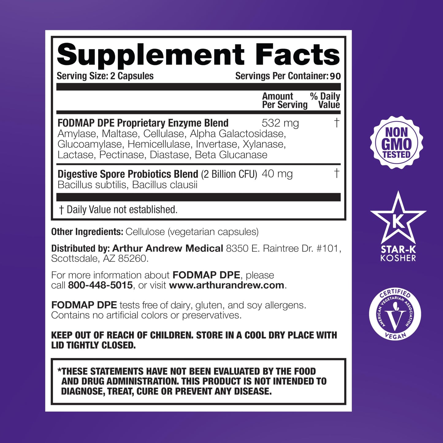 Arthur Andrew Medical, FODMAP DPE, Digestive Enzymes, 60 Capsules | Digestive Enzymes, & Probiotics For FODMAP Intolerance & The Digestion Of Fermentable Foods. Vegan, Non-GMO