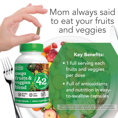 Botanic Choice Since 1910 - Mega Fruits & Veggies Blend - 42 Fruits and Vegetables - 2 Caps Daily - 60 Count Supplement Botanic ChoiceBuy Supplements Australia