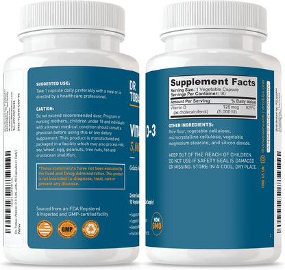 Dr. Tobias Vitamin D3 5000 IU 90 Capsules | Extra Strength Vitamin D | Bone, Teeth & Immune Support | 5,000 IU Vitamin D3 | Gelatin-Free & Non-GMO | 90 Servings
