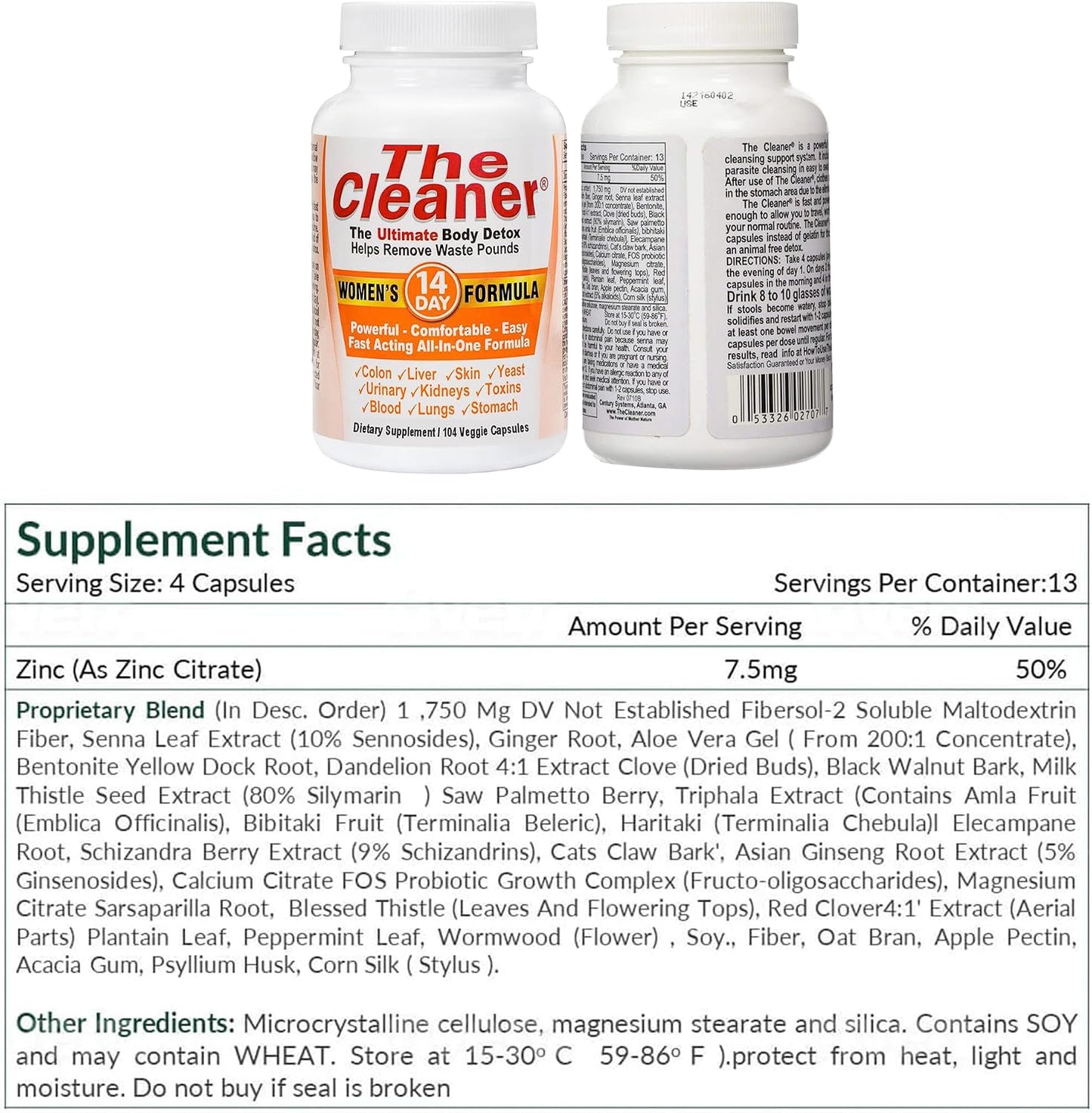 Century Systems The Cleaner Detox, Powerful 14-Day Complete Internal Cleansing Formula for Women, Support Digestive Health, 104 Vegetarian Capsules