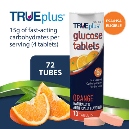TRUEplus Glucose Tablets, Raspberry Flavor, 10 Count, 6 Tubes | Chewable Tablets, 15g Fast-Acting Carbohydrates, Fat Free, Gluten Free, Boosts Energy, Great Tasting and Easy to Use
