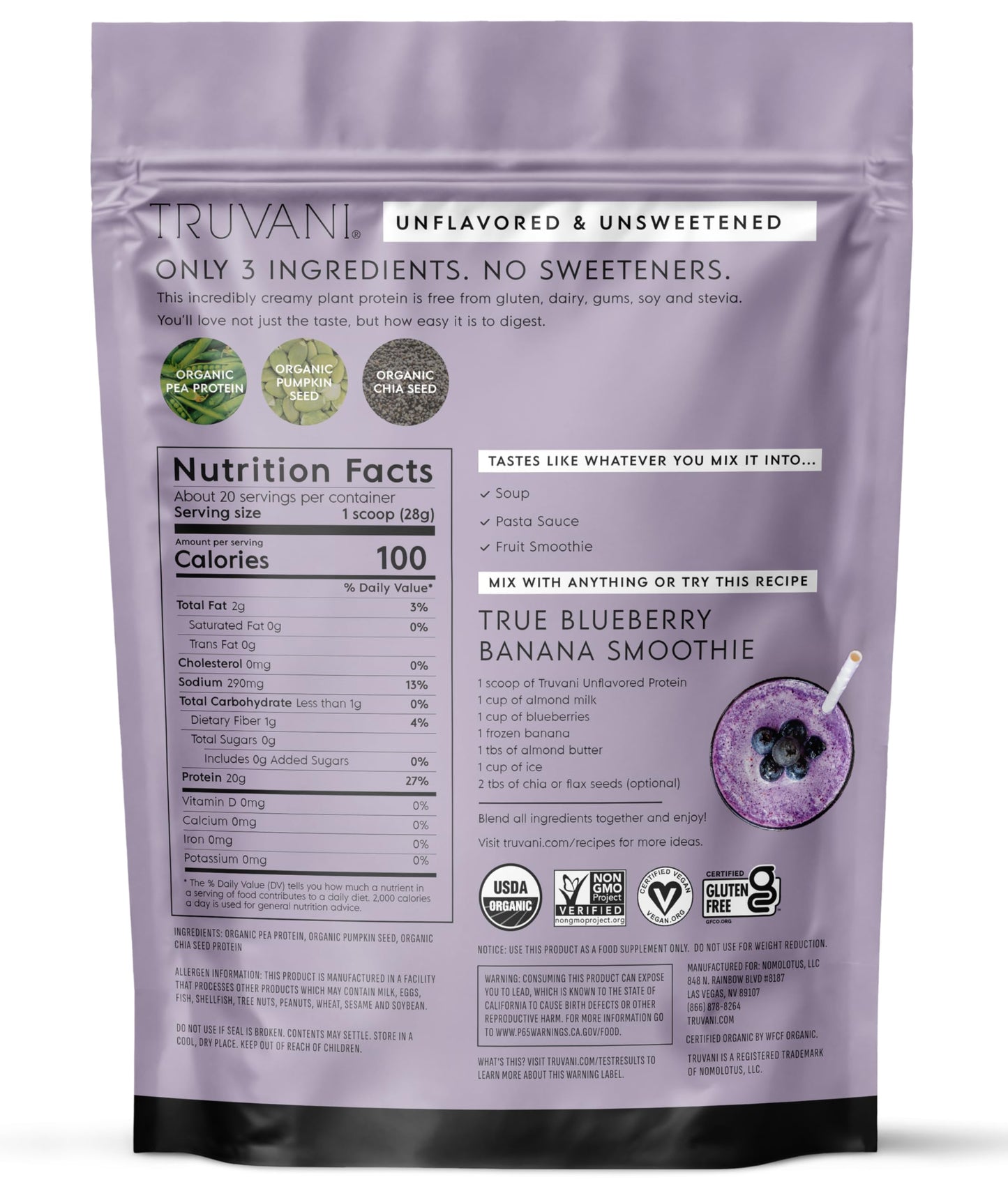 Truvani Organic Plant Based Protein Powder | Vanilla | 18 Servings | Vegan | 20g Pea Protein | Keto | Gluten & Dairy Free | Low Carb | No Added Sugar