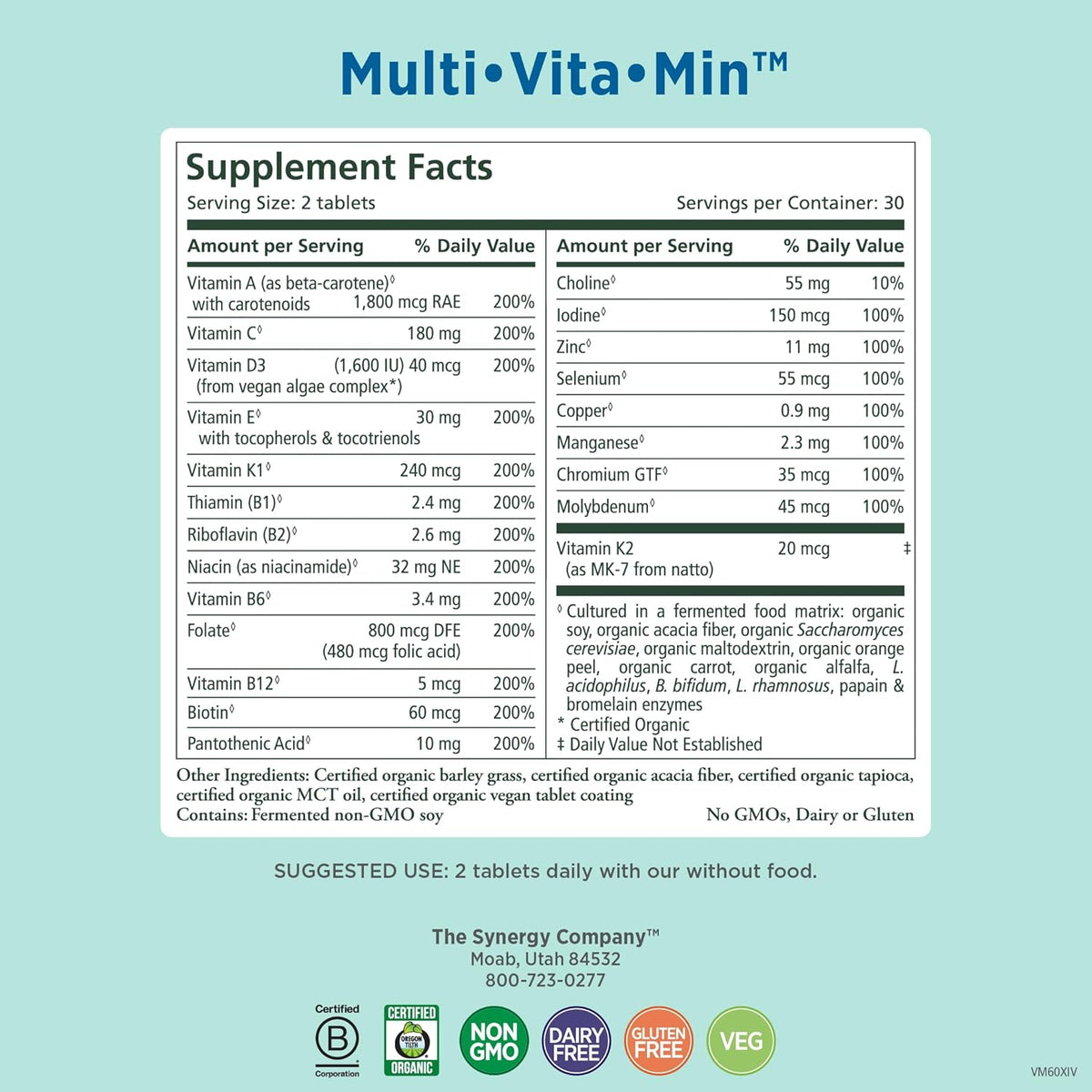PURE SYNERGY Multi·Vita·Min | Vegan Multivitamin Made with Organic Whole Foods | Twice Daily Supplement for Men and Women | Core Nutrients for Energy, Mood, Immune, and Bone Health (60 Tablets)
