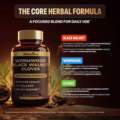 Wormwood Black Walnut Clove Cleanse for Humans - Advanced Detox Formula | Adults, Gut Health Supplement With Wormwood Herb, Black Walnut Hull Extract & Clove, 60 Capsules
