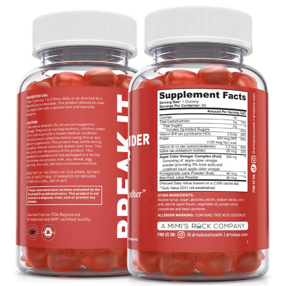 Dr. Tobias Apple Cider Vinegar Gummies with The Mother 60 Count | Digestive & Daily Wellness Support | 500 mg ACV | Folate + B6 + B12 + Iodine | Vegan | 30 Servings