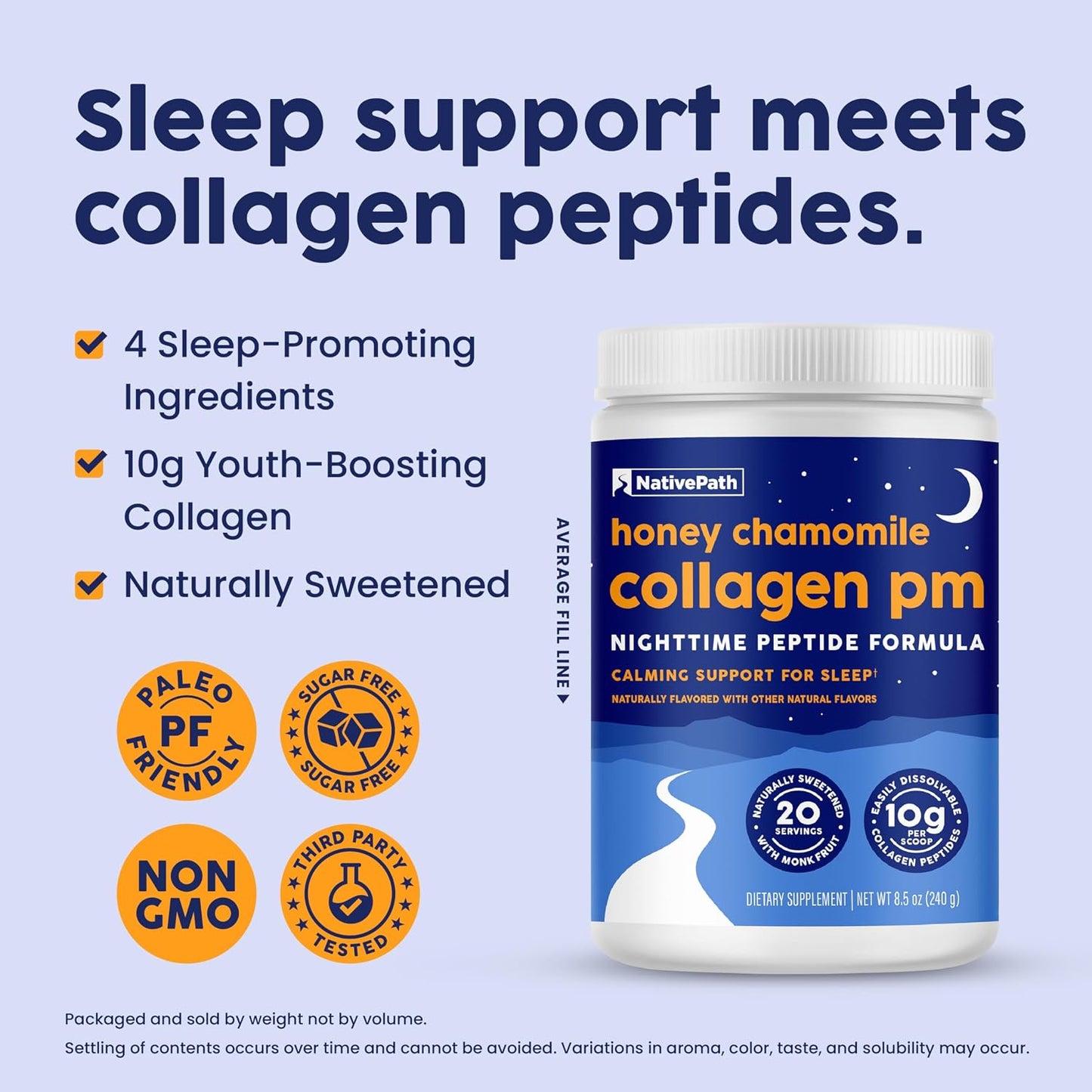 NativePath Collagen PM Honey Chamomile with Melatonin, 20 Servings | Grass-Fed Peptides, Magnesium, GABA & L-Theanine, Supports Restful Sleep, Skin & Hair, No Added Sugar