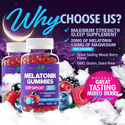 Melatonin 20mg Gummies with Magnesium Citrate - Maximum Strength Sleep Aid for Adults with 10mg of Melatonin Per Gummy - Gluten-Free, Non-GMO, Vegetarian, Mixed Berry Flavor - 60 Gummies