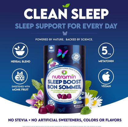NUTRAMIN Sleep Boost - Dual Sleep Formula Melatonin + Herbal Blend - Sugar-Free, Vegan, Apple Pectin, Dark Cherry 60 ct