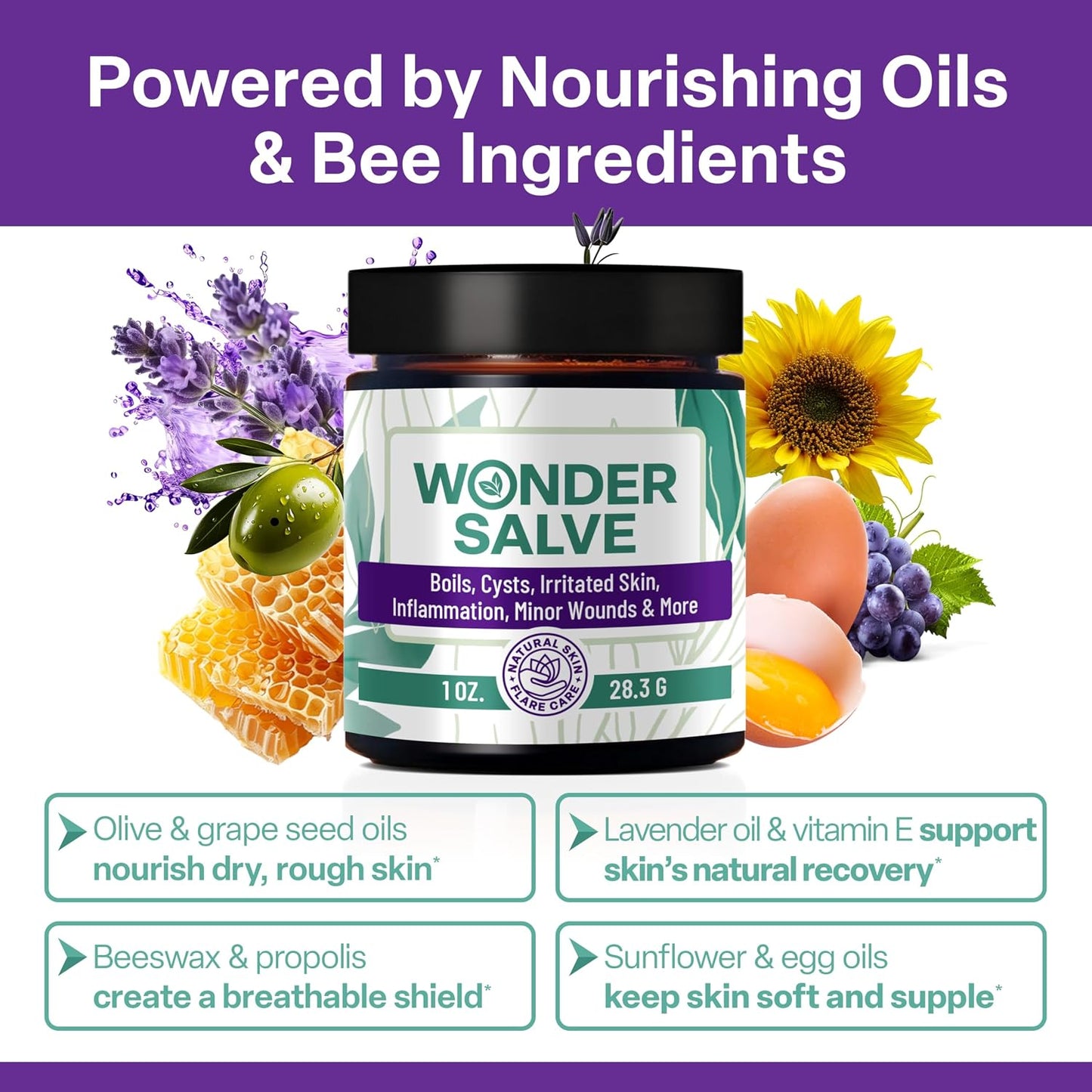 Wonder Salve – Drawing Salve Maximum Strength for Irritated & Flare-Prone Skin, Boils, Cyst, HS, Hemorrhoids, Ingrown Hair, Bumps, Anti-Chafing with Natural Propolis and Egg Yolk Extract, 1 oz