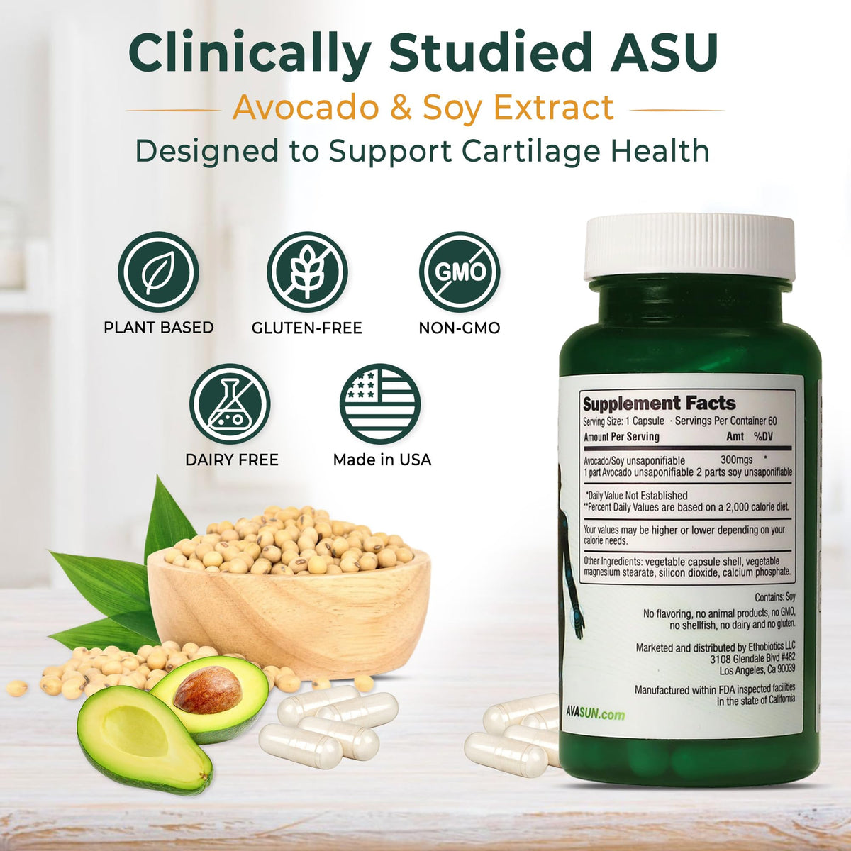ASU Joint Support Supplement – 300mg Avocado Soy Unsaponifiables for Joint Comfort, Mobility & Cartilage Health, Clinically Studied, Plant-Based, Non-GMO, Gluten-Free, 60 Capsules (2 Month Supply) AvaSunBuy Supplements Australia