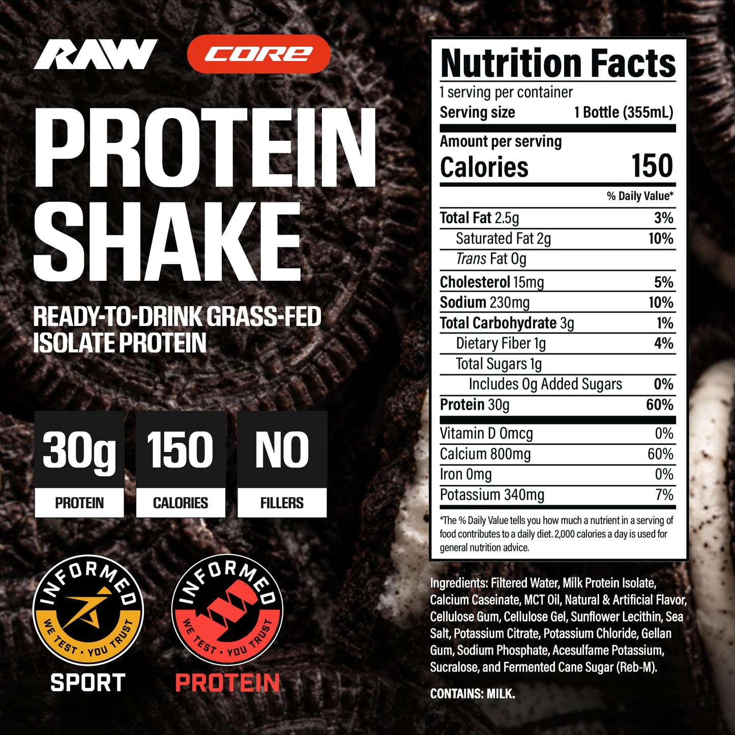 RAW Ready-to-Drink Protein Shake, Strawberry - RTD Protein Drinks with Grass-Fed Whey Protein Isolate for Post-Workout - Zero-Sugar & Gluten-Free Meal Replacement Drink & Breakfast Shake, 12 Fl Oz
