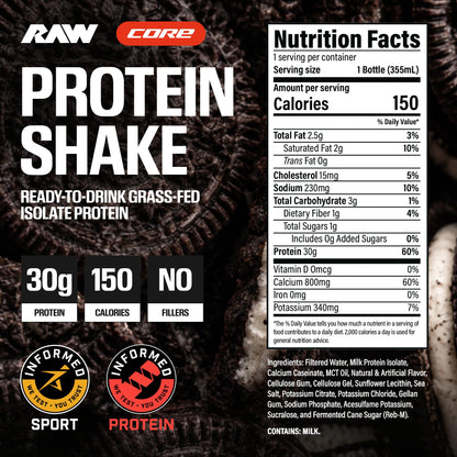 RAW Ready-to-Drink Protein Shake, Strawberry - RTD Protein Drinks with Grass-Fed Whey Protein Isolate for Post-Workout - Zero-Sugar & Gluten-Free Meal Replacement Drink & Breakfast Shake, 12 Fl Oz