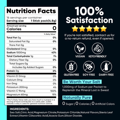 Venture Pal High Sodium Sugar-Free Electrolytes Powder Packets, 16 Sticks | Hydration Packets with Sodium, Potassium & Magnesium, Zero Calories, Keto, Vegan, and Paleo Friendly