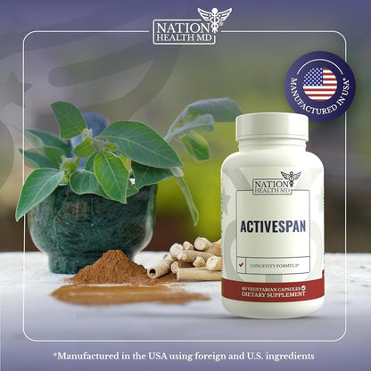 ActiveSpan | Longevity Supplements with Astragalus Root | Anti Aging Support, Ashwagandha, Cat's Claw & Cinnamon, for Women and Men, Vegan, 30 Days Supply, 60 Capsules