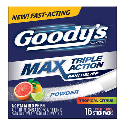 Goody’s Max Triple Action Pain Relief – Headache Relief Powder with Acetaminophen, Aspirin & Caffeine for Fast, Effective Relief of Tough Headaches, Tropical Citrus, 16 Count Goody'sBuy Supplements Australia